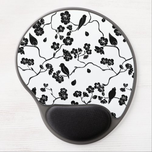 Black and White Pattern Birds on Cherry Blossoms   Gel Mouse Pad