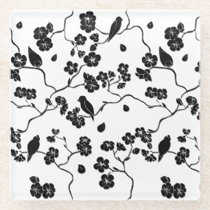 Black and White Pattern Birds on Cherry Blossoms Glass Coaster