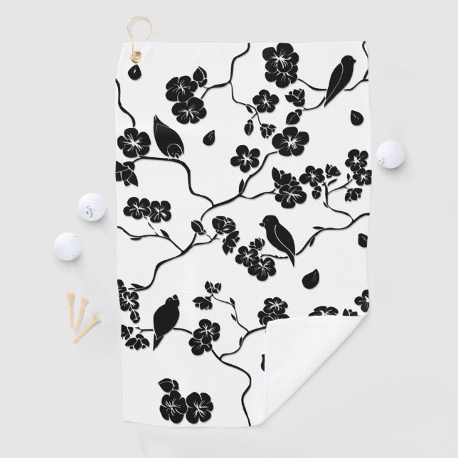 Black and White Pattern Birds on Cherry Blossoms Golf Towel (InSitu)