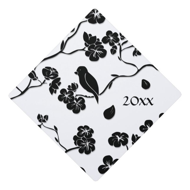 Black and White Pattern Birds on Cherry Blossoms Graduation Cap Topper (Front)