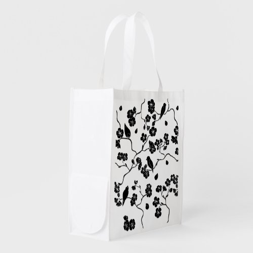 Black and White Pattern Birds on Cherry Blossoms Grocery Bag