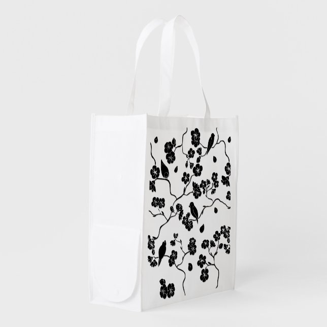 Black and White Pattern Birds on Cherry Blossoms Grocery Bag (Front Side)