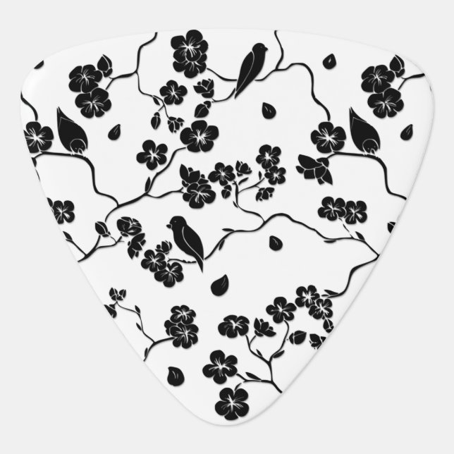 Black and White Pattern Birds on Cherry Blossoms   Guitar Pick (Front)