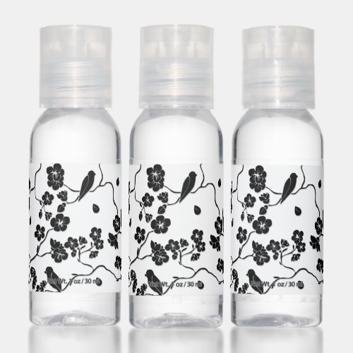 Black and White Pattern Birds on Cherry Blossoms Hand Sanitizer