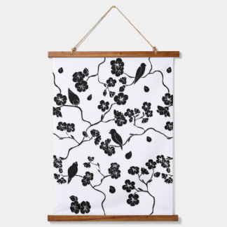 Black and White Pattern Birds on Cherry Blossoms Hanging Tapestry