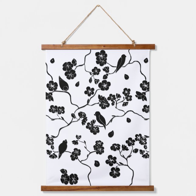 Black and White Pattern Birds on Cherry Blossoms   Hanging Tapestry (Front)