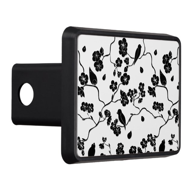 Black and White Pattern Birds on Cherry Blossoms Hitch Cover (Right)