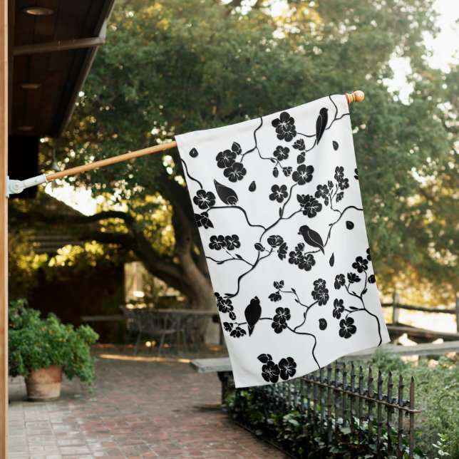 Black and White Pattern Birds on Cherry Blossoms House Flag (In SItu)
