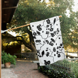 Black and White Pattern Birds on Cherry Blossoms House Flag
