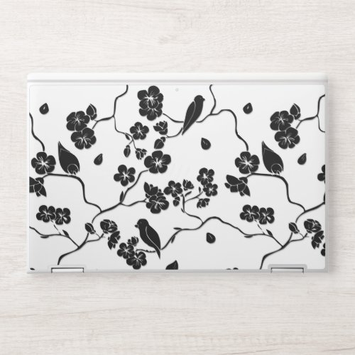 Black and White Pattern Birds on Cherry Blossoms HP Laptop Skin