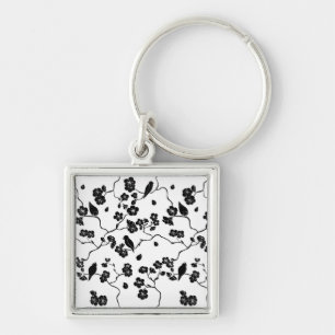 Black and White Pattern Birds on Cherry Blossoms Keychain