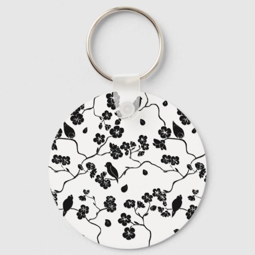 Black and White Pattern Birds on Cherry Blossoms Keychain