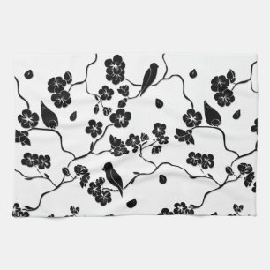 Black and White Pattern Birds on Cherry Blossoms Kitchen Towel