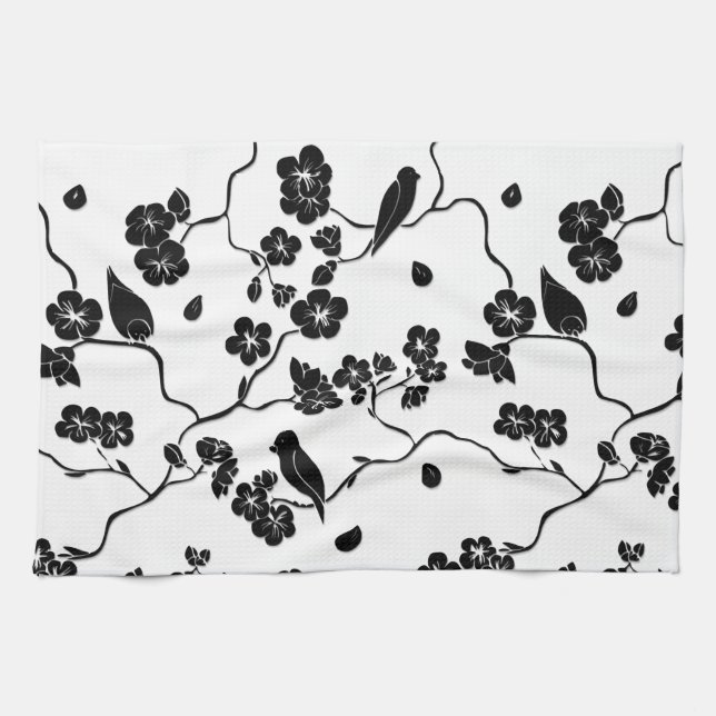 Black and White Pattern Birds on Cherry Blossoms Kitchen Towel (Horizontal)