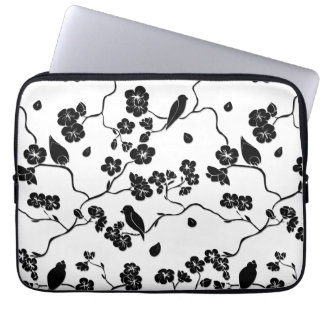 Black and White Pattern Birds on Cherry Blossoms   Laptop Sleeve