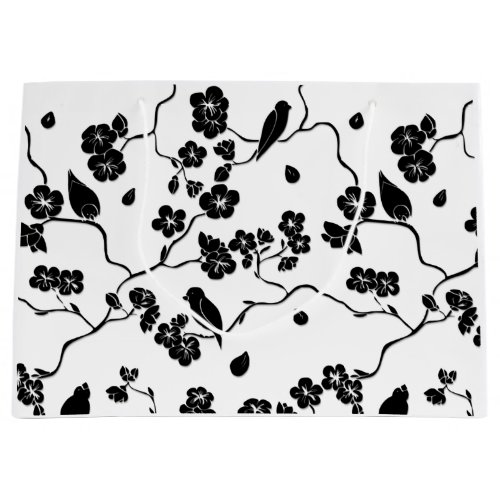 Black and White Pattern Birds on Cherry Blossoms Large Gift Bag