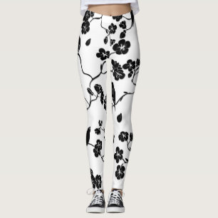 Black and White Pattern Birds on Cherry Blossoms Leggings