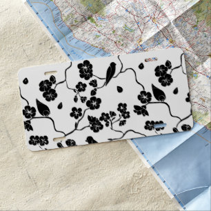 Black and White Pattern Birds on Cherry Blossoms License Plate
