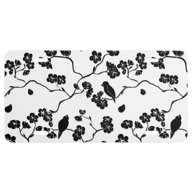 Black and White Pattern Birds on Cherry Blossoms License Plate (Front)