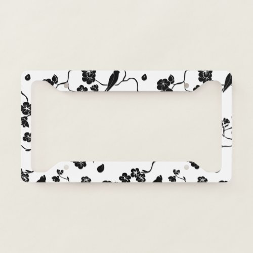 Black and White Pattern Birds on Cherry Blossoms   License Plate Frame