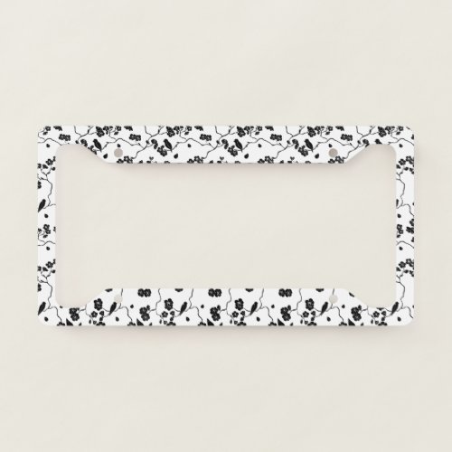 Black and White Pattern Birds on Cherry Blossoms License Plate Frame
