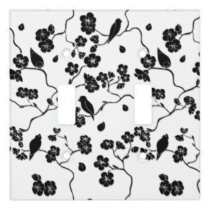 Black and White Pattern Birds on Cherry Blossoms Light Switch Cover