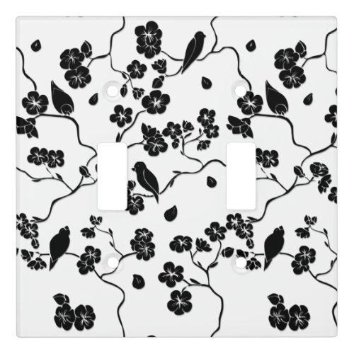Black and White Pattern Birds on Cherry Blossoms Light Switch Cover