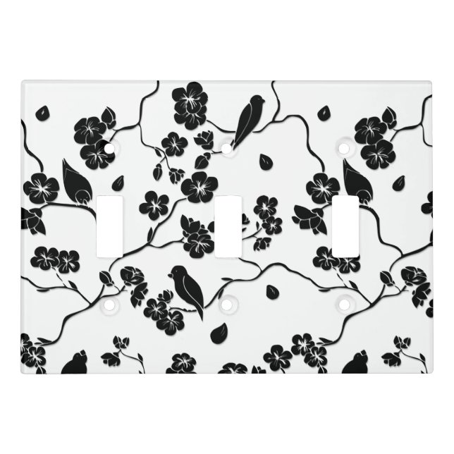 Black and White Pattern Birds on Cherry Blossoms   Light Switch Cover (Front)
