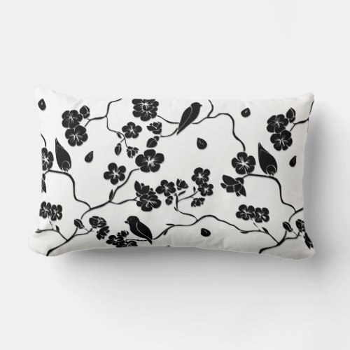 Black and White Pattern Birds on Cherry Blossoms Lumbar Pillow