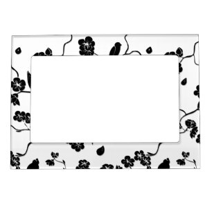 Black and White Pattern Birds on Cherry Blossoms Magnetic Frame