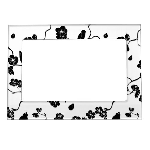 Black and White Pattern Birds on Cherry Blossoms Magnetic Frame