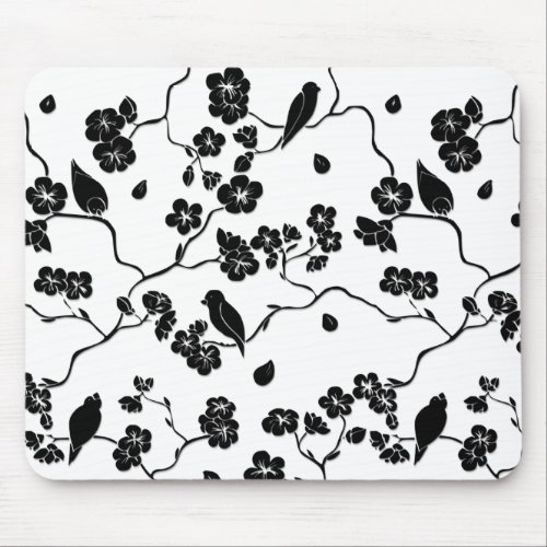 Black and White Pattern Birds on Cherry Blossoms   Mouse Pad