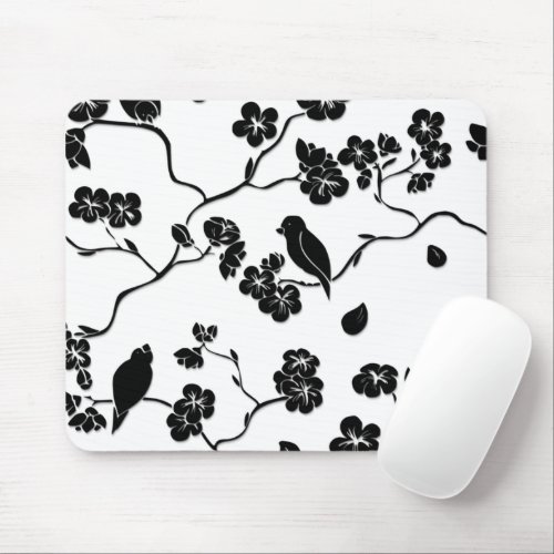 Black and White Pattern Birds on Cherry Blossoms Mouse Pad