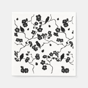 Black and White Pattern Birds on Cherry Blossoms   Napkins
