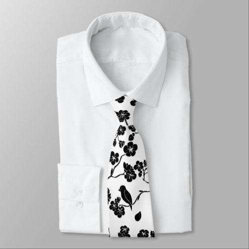Black and White Pattern Birds on Cherry Blossoms Neck Tie