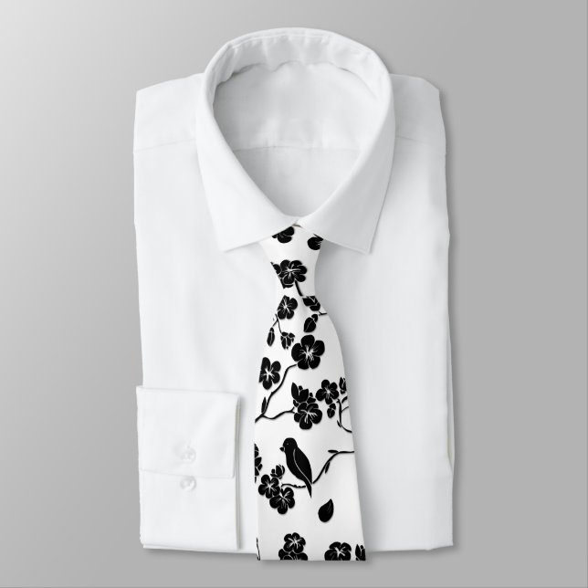 Black and White Pattern Birds on Cherry Blossoms Neck Tie (Tied)