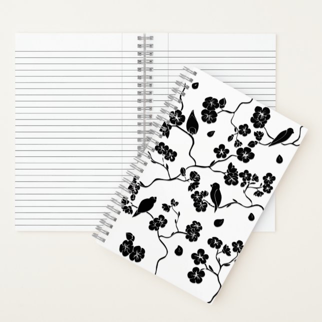 Black and White Pattern Birds on Cherry Blossoms Notebook (Inside)