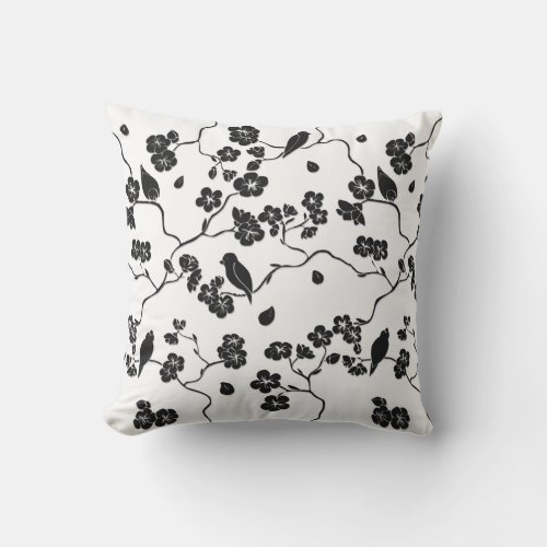 Black and White Pattern Birds on Cherry Blossoms Outdoor Pillow