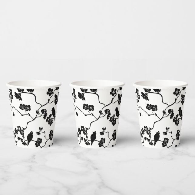 Black and White Pattern Birds on Cherry Blossoms Paper Cups (Multi)