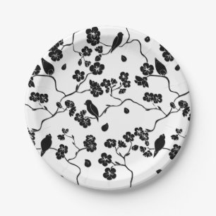 Black and White Pattern Birds on Cherry Blossoms Paper Plates