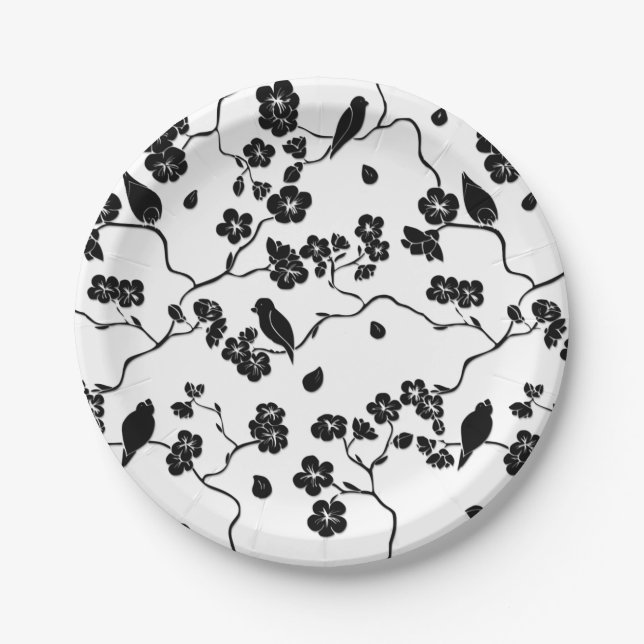 Black and White Pattern Birds on Cherry Blossoms Paper Plates (Front)