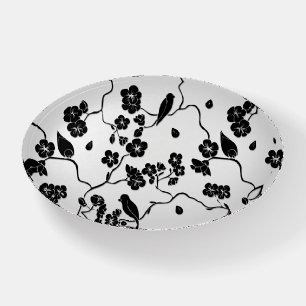 Black and White Pattern Birds on Cherry Blossoms Paperweight