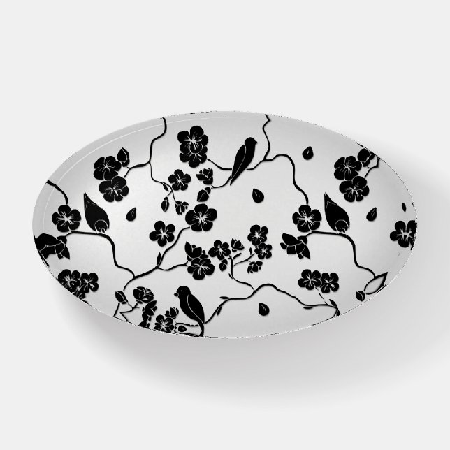 Black and White Pattern Birds on Cherry Blossoms Paperweight (Front)