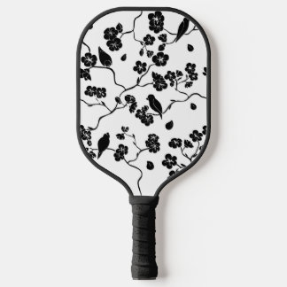 Black and White Pattern Birds on Cherry Blossoms Pickleball Paddle