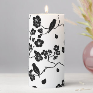 Black and White Pattern Birds on Cherry Blossoms Pillar Candle