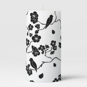 Black and White Pattern Birds on Cherry Blossoms Pillar Candle