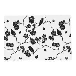 Black and White Pattern Birds on Cherry Blossoms Placemat