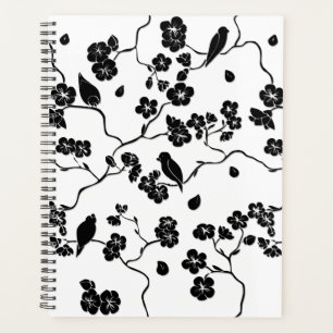 Black and White Pattern Birds on Cherry Blossoms Planner