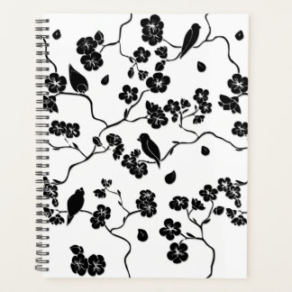 Black and White Pattern Birds on Cherry Blossoms Planner