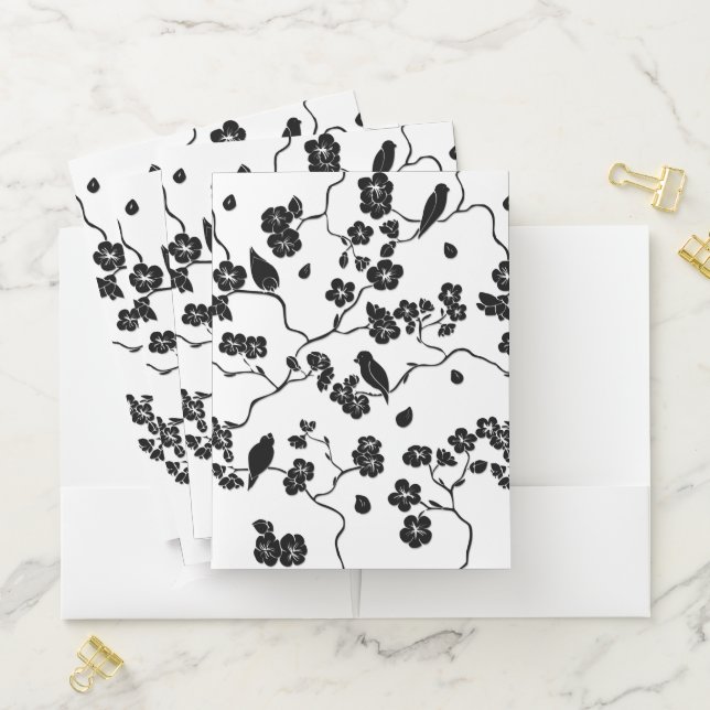 Black and White Pattern Birds on Cherry Blossoms  Pocket Folder (In Situ)